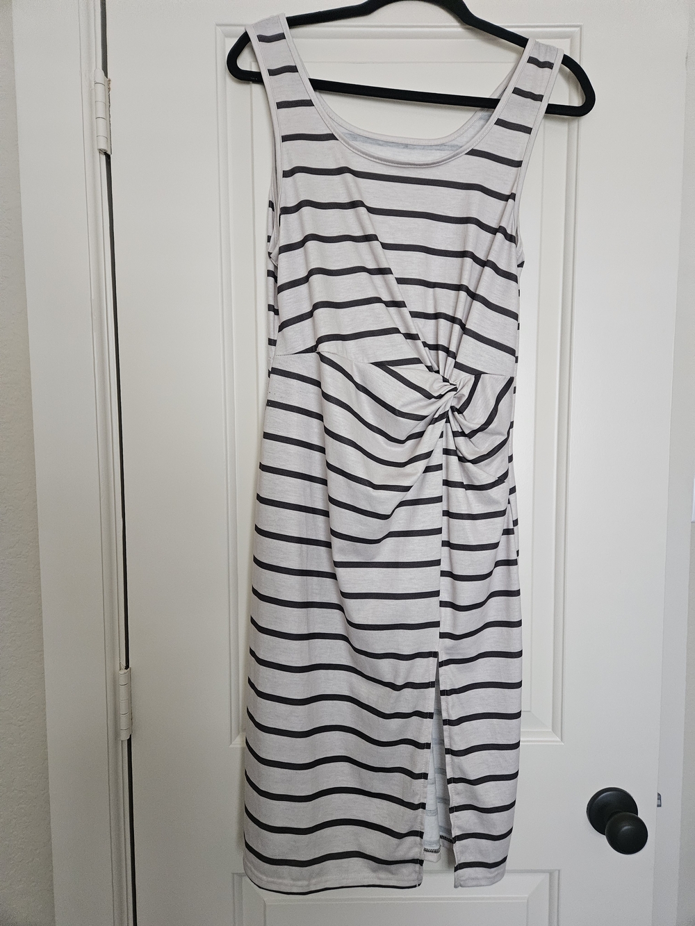 Sleeveless White and Gray Striped Twist-Front Dress